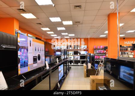 Moscow, Russia - Oct 19. 2023. TVs and and others in the DNS network store selling household appliances in Zelenograd Stock Photo