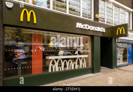 Newcastle-under-Lyme, Staffordshire-united kingdom October, 20, 2023 High Street Branch McDonalds Fast Food Restuarant Stock Photo