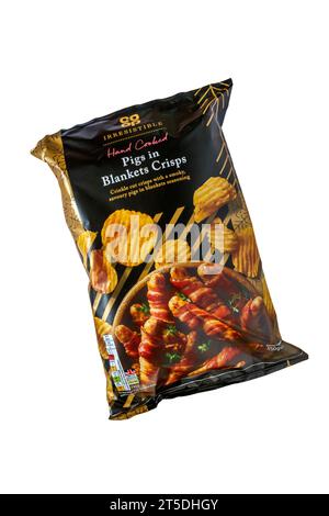 A packet of Co-Op hand-cooked Pigs in Blankets Crisps. Stock Photo