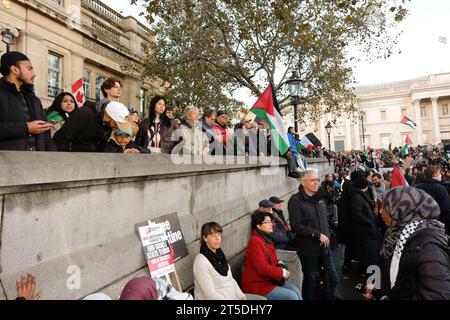 London, United Kingdom. 4th November, 2023. Pro-Palestinian protesters demand a cease-fire in Gaza, during a rally in Trafalgar Square. Laura Gaggero/Alamy Live News Stock Photo