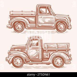 Retro farm truck in sketch style. Vintage pickup car. Hand drawn vector illustration Stock Vector
