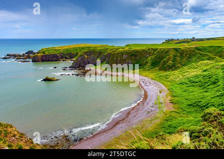 Strathlethan Bay from the coastal path to Dunnottar Castle (at right), near Stonehaven, Aberdeenshire, Scotland, UK Stock Photo