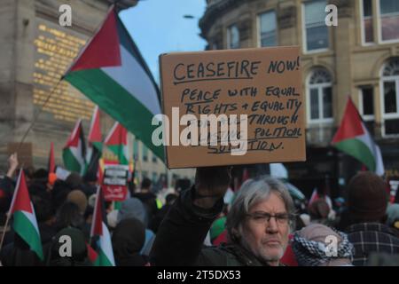 Israel-Palestine Cease Fire Demonstration, Grey's Monument, Newcastle upon Tyne, The situation in Israel and Palestine is actively evolving, as are the needs of civilians in the region. Terrorist group Hamas launched a terror attack on Israel on Oct. 7th that killed more than 1,200 people. Newcastle upon Tyne, UK, November 4th, 2023, Credit: DEW/Alamy Live News Stock Photo