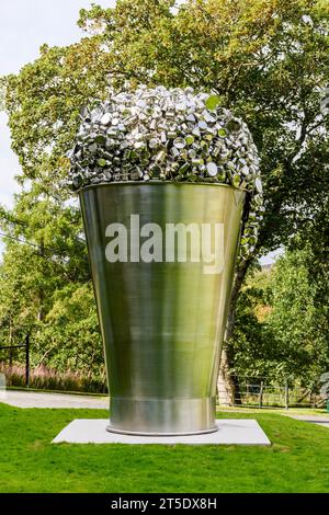 When Soak Becomes Spill, a sculpture in stainless steel by Subodh Gupta.  At the Invercauld Arms Hotel, Braemar, Aberdeenshire, Scotland, UK Stock Photo