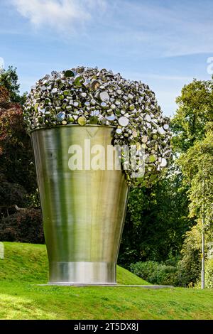 When Soak Becomes Spill, a sculpture in stainless steel by Subodh Gupta.  At the Invercauld Arms Hotel, Braemar, Aberdeenshire, Scotland, UK Stock Photo