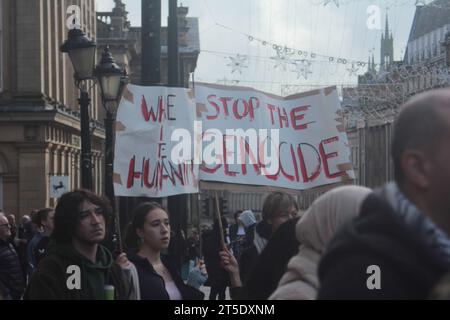 Israel-Palestine Cease Fire Demonstration, Grey's Monument, Newcastle upon Tyne, The situation in Israel and Palestine is actively evolving, as are the needs of civilians in the region. Terrorist group Hamas launched a terror attack on Israel on Oct. 7th that killed more than 1,200 people. Newcastle upon Tyne, UK, November 4th, 2023, Credit: DEW/Alamy Live News Stock Photo