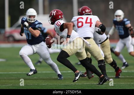 Harvard Crimson quarterback Jaden Craig #10 during action in the NCAA football game against the Columbia Lions at Robert K. Kraft Field at Lawrence A. Wien Stadium in New York , New York , Saturday, Nov. 4, 2023. (Photo: Gordon Donovan) Stock Photo