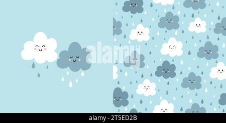 Cute clouds card and seamless pattern. Background for kids with smiling clouds and rain drops. Vector illustration. Stock Vector