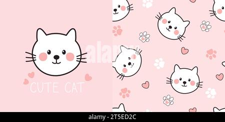 Cute cat card and seamless pattern. Children background with cats, paw prints and hearts. Vector illustration. Stock Vector