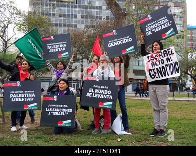 Lima, Peru. 04th Nov, 2023. 'Palestine Freedom' and 'Stop Genocide' can be read on signs when dozens of demonstrators, took to the streets in Lima, in support of the Palestinian people and against the Israel - Hamas war in the Gaza Strip. Credit: Fotoholica Press Agency/Alamy Live News Stock Photo