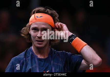 Paris, France. 4th Nov, 2023. Andrey Rublev of Russia reacts during the men's singles semi-final match between Novak Djokovic of Serbia and Andrey Rublev of Russia at Paris ATP Masters 1000 tennis tournament in Paris, France, Nov. 4, 2023. Credit: Gao Jing/Xinhua/Alamy Live News Stock Photo