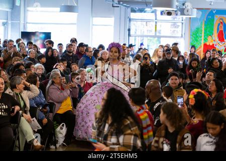 Seattle, Washington, USA. 4th November, 2023. A young woman participates in a Catrina fashion show at El Centro de la Raza’s annual Día de los Muertos celebration. Credit: Paul Christian Gordon/Alamy Live News Stock Photo