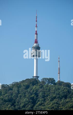 N Seoul Tower, also known as Namsan Tower or Seoul Tower, the landmark which is a communication and observation tower located on Nam Mountain in centr Stock Photo