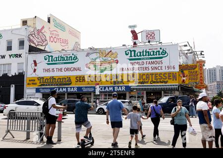 The original Nathan's Famous Hot Dogs on Surf Avenue at Coney Island in Brooklyn, New York, USA. Stock Photo