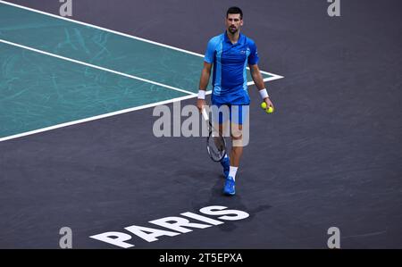 Paris, France. 4th Nov, 2023. Novak Djokovic of Serbia reacts during the men's singles semi-final match between Novak Djokovic of Serbia and Andrey Rublev of Russia at Paris ATP Masters 1000 tennis tournament in Paris, France, Nov. 4, 2023. Credit: Gao Jing/Xinhua/Alamy Live News Stock Photo