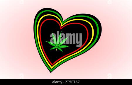 Herbal logo green cannabis leaf on heart shape. Green, yellow, red heart lines on black hearts. Stock Photo