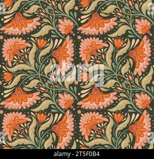 Vector folk art texture with tracery floral ornaments on dark green background. Decorative seamless pattern with flowers and foliage in pastel colors Stock Vector