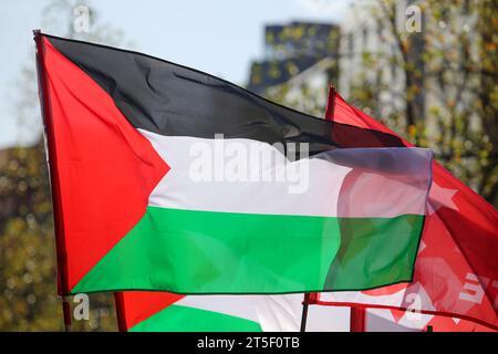 Gijon, Spain. 04th Nov, 2023. A flag of Palestine during the Demonstration in protest against the Palestinian genocide, end of the Zionist genocide occupation, on November 04, 2023, in Gijon, Spain. (Photo by Alberto Brevers/Pacific Press) Credit: Pacific Press Media Production Corp./Alamy Live News Stock Photo