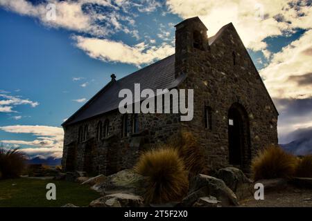 Isolated church on the banks of Lake Tekapo New Zealand Stock Photo