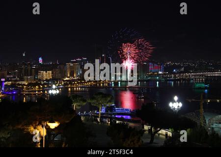 Beautiful fireworks over the city of Baku. Azerbaijan. Armed Forces Day. 2016 year. Stock Photo