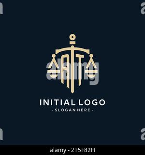 AT initial logo with scale of justice and shield icon, luxury and elegant law firm logo style Stock Vector