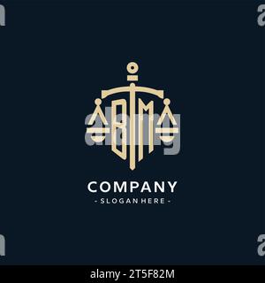 BM initial logo with scale of justice and shield icon, luxury and elegant law firm logo style Stock Vector