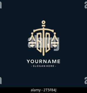 BQ initial logo with scale of justice and shield icon, luxury and elegant law firm logo style Stock Vector