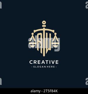 AW initial logo with scale of justice and shield icon, luxury and elegant law firm logo style Stock Vector