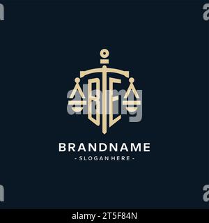 BE initial logo with scale of justice and shield icon, luxury and elegant law firm logo style Stock Vector