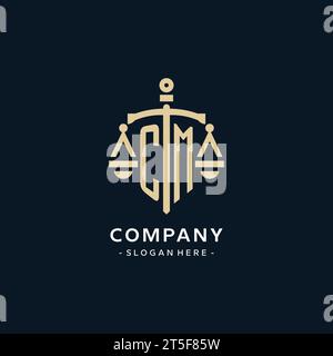 CM initial logo with scale of justice and shield icon, luxury and elegant law firm logo style Stock Vector