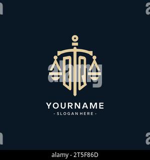 DQ initial logo with scale of justice and shield icon, luxury and elegant law firm logo style Stock Vector
