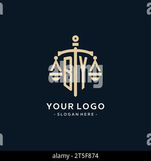 BY initial logo with scale of justice and shield icon, luxury and elegant law firm logo style Stock Vector
