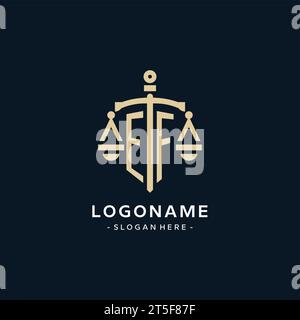 EF initial logo with scale of justice and shield icon, luxury and elegant law firm logo style Stock Vector