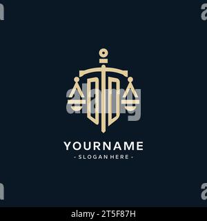 DD initial logo with scale of justice and shield icon, luxury and elegant law firm logo style Stock Vector
