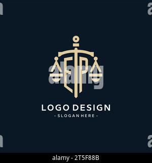 EP initial logo with scale of justice and shield icon, luxury and elegant law firm logo style Stock Vector