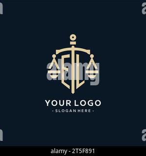 EL initial logo with scale of justice and shield icon, luxury and elegant law firm logo style Stock Vector