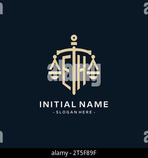 EH initial logo with scale of justice and shield icon, luxury and elegant law firm logo style Stock Vector
