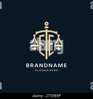 EE initial logo with scale of justice and shield icon, luxury and elegant law firm logo style Stock Vector