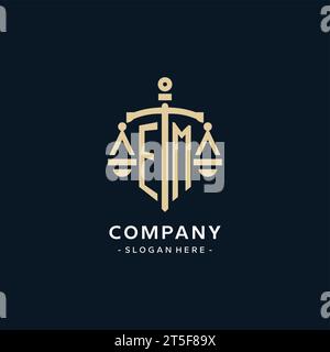 EM initial logo with scale of justice and shield icon, luxury and elegant law firm logo style Stock Vector