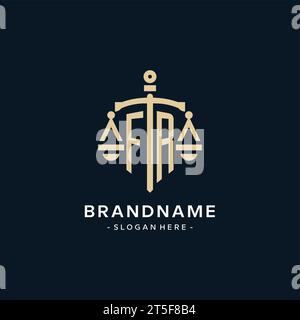 FR initial logo with scale of justice and shield icon, luxury and elegant law firm logo style Stock Vector