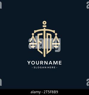ED initial logo with scale of justice and shield icon, luxury and elegant law firm logo style Stock Vector
