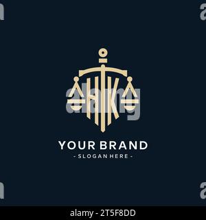 HK initial logo with scale of justice and shield icon, luxury and elegant law firm logo style Stock Vector