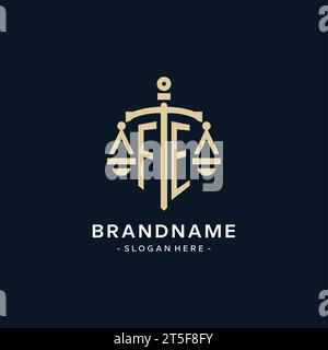 FE initial logo with scale of justice and shield icon, luxury and elegant law firm logo style Stock Vector