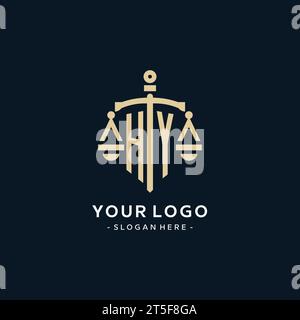 HY initial logo with scale of justice and shield icon, luxury and elegant law firm logo style Stock Vector