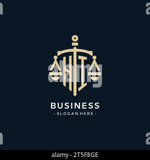 HI initial logo with scale of justice and shield icon, luxury and elegant law firm logo style Stock Vector