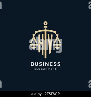HV initial logo with scale of justice and shield icon, luxury and elegant law firm logo style Stock Vector
