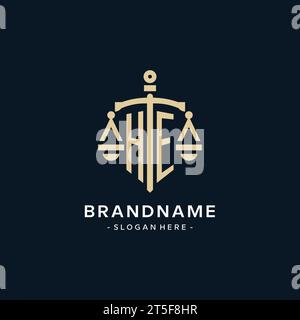 HE initial logo with scale of justice and shield icon, luxury and elegant law firm logo style Stock Vector