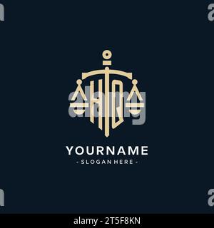 HQ initial logo with scale of justice and shield icon, luxury and elegant law firm logo style Stock Vector