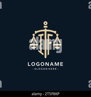 IF initial logo with scale of justice and shield icon, luxury and elegant law firm logo style Stock Vector