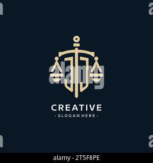 JJ initial logo with scale of justice and shield icon, luxury and elegant law firm logo style Stock Vector